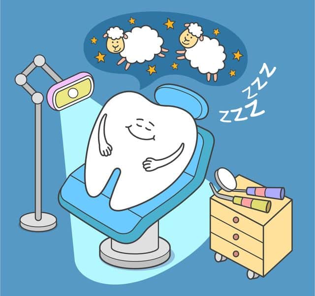 Cartoon tooth sleep in dental chair. sedation concept. Dental care treatment at Sandgate Bayside Dental